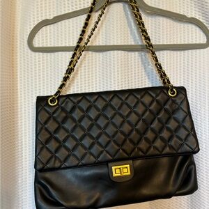 Black Faux Leather Handbag Chain Strap Large